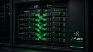 d-Matrix Raptor XPU trays in a liquid-cooled Nvidia NVLink Fusion MGX rack.
