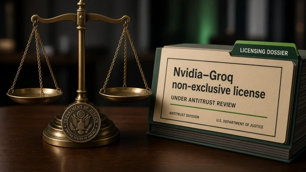 DOJ scales of justice beside an Nvidia–Groq licensing dossier under antitrust review.