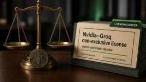 DOJ scales of justice beside an Nvidia–Groq licensing dossier under antitrust review.