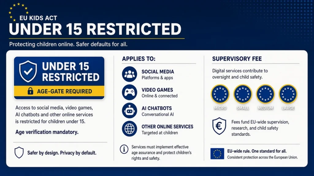 EU Kids Act board marking under-15 restrictions on social media, video, games, and AI chatbots with age-gate and supervisory fee chips.