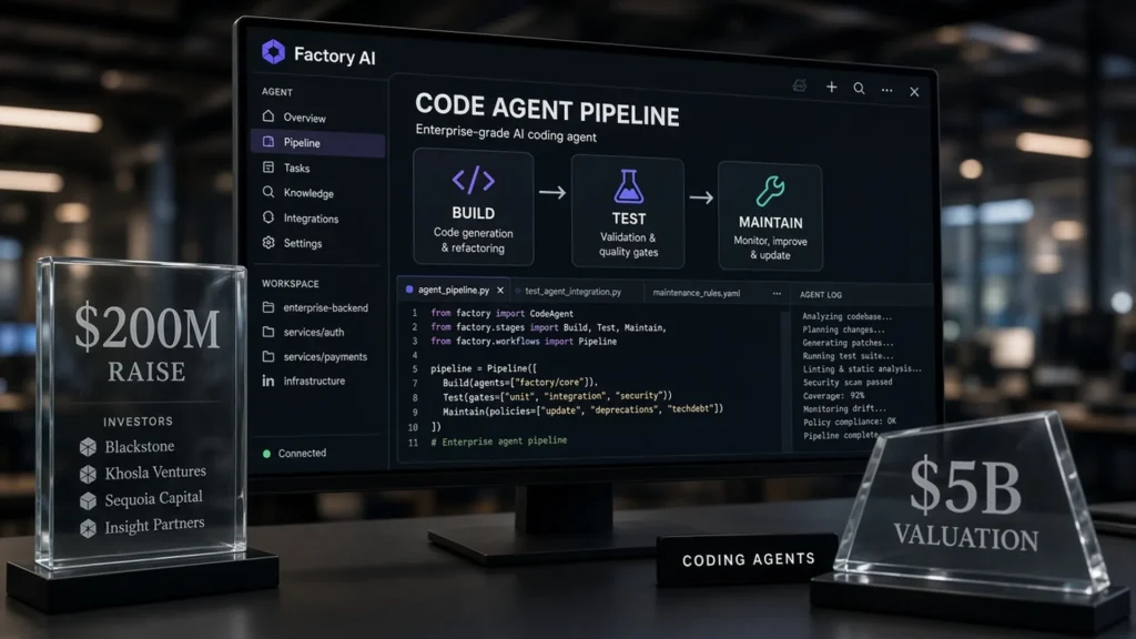 Factory AI enterprise IDE showing a BUILD TEST MAINTAIN coding-agent pipeline beside glass awards for a $200 million raise and $5 billion valuation with Blackstone, Khosla, Sequoia, and Insight investor marks.
