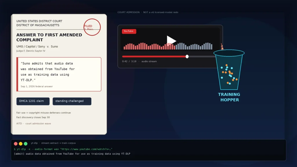 Court filing graphic quoting Suno's admission that YouTube audio was obtained for training with YT-DLP, beside a YouTube play bar whose waveform streams into an AI training hopper and a yt-dlp terminal strip