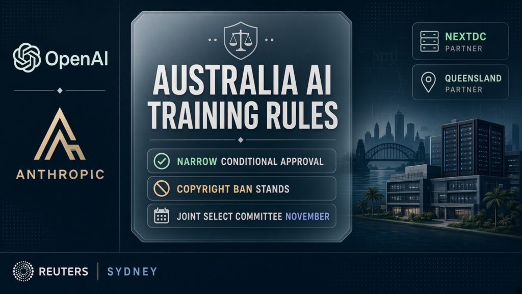 Editorial policy board: Australia AI Training Rules with OpenAI and Anthropic marks, NextDC and Queensland partner chips, Sydney skyline data-center cue, Reuters Sydney strip; no likenesses.