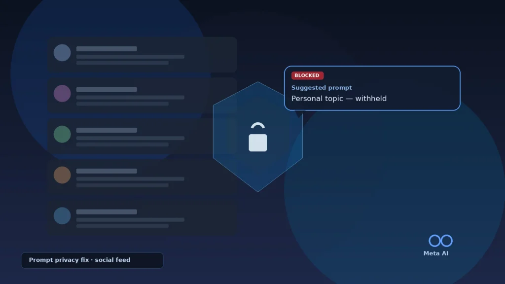 Meta AI prompt bubble and privacy shield over a blurred social feed UI no faces