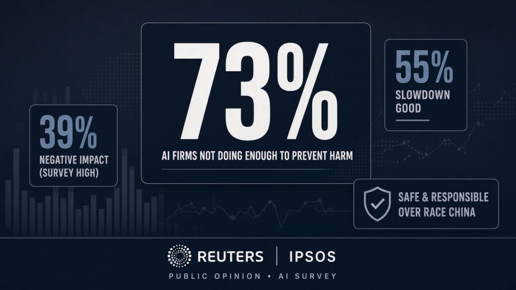 Editorial poll graphic: large 73% chip saying AI firms not doing enough to prevent harm, with 39% negative impact, 55% slowdown good, and safe-and-responsible-over-race-China chips; Reuters/Ipsos strip; no likenesses.