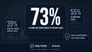 Editorial poll graphic: large 73% chip saying AI firms not doing enough to prevent harm, with 39% negative impact, 55% slowdown good, and safe-and-responsible-over-race-China chips; Reuters/Ipsos strip; no likenesses.