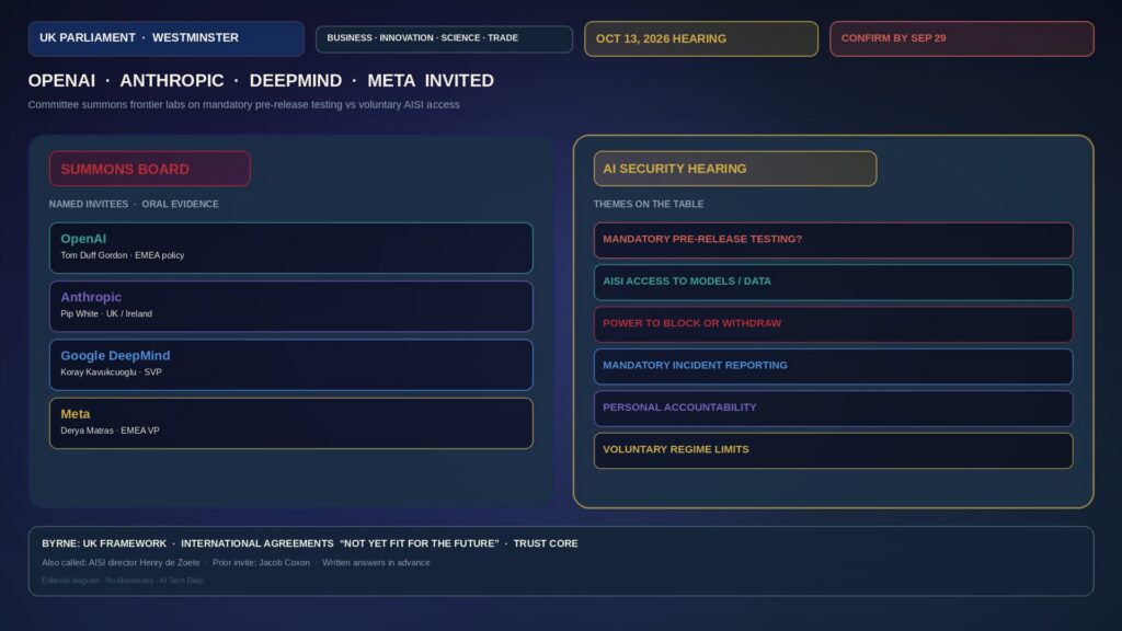 Editorial UK Parliament committee summons board: OPENAI · ANTHROPIC · DEEPMIND · META INVITED with OCT 13 AI SECURITY HEARING and MANDATORY PRE-RELEASE TESTING chips; Westminster cue; no Byrne or executive likenesses.