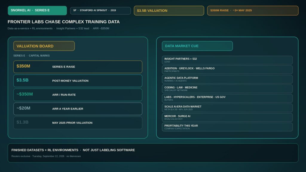 Editorial Series E valuation board for Snorkel AI: $350M raise, $3.5B valuation, ARR ~$350M, Insight Partners + S32 lead, frontier lab training-data demand chips; no executive likenesses.