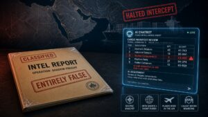 Classified intel report stamped ENTIRELY FALSE beside AI chatbot cargo-manifest panel with nuclear-components ID chip mismatch and HALTED INTERCEPT stamp over Middle East maritime map; SOCPAC ANALYST, OPEN SOURCE + SIGINT FUSED, PLANES WERE IN THE AIR, CAUGHT BEFORE BOARDING chips; no likenesses.
