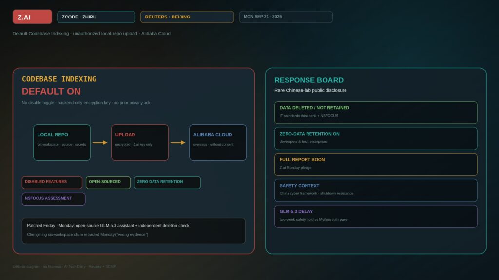 Editorial board: ZCode CODEBASE INDEXING DEFAULT ON with LOCAL REPO to CLOUD UPLOAD unauthorized arc and ALIBABA CLOUD plate; DISABLED FEATURES, OPEN-SOURCED, ZERO DATA RETENTION, and NSFOCUS ASSESSMENT chips; REUTERS BEIJING strip; dark code/security aesthetic; no Z.ai executive likeness.