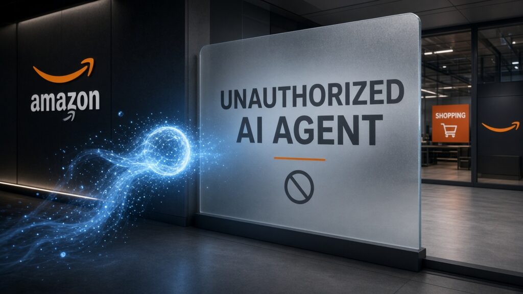 Editorial scene: abstract Muse agent path stopped by an UNAUTHORIZED AI AGENT barrier at an Amazon storefront gateway; Amazon orange and Meta blue accents; no likenesses, no laptop.