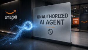 Editorial scene: abstract Muse agent path stopped by an UNAUTHORIZED AI AGENT barrier at an Amazon storefront gateway; Amazon orange and Meta blue accents; no likenesses, no laptop.