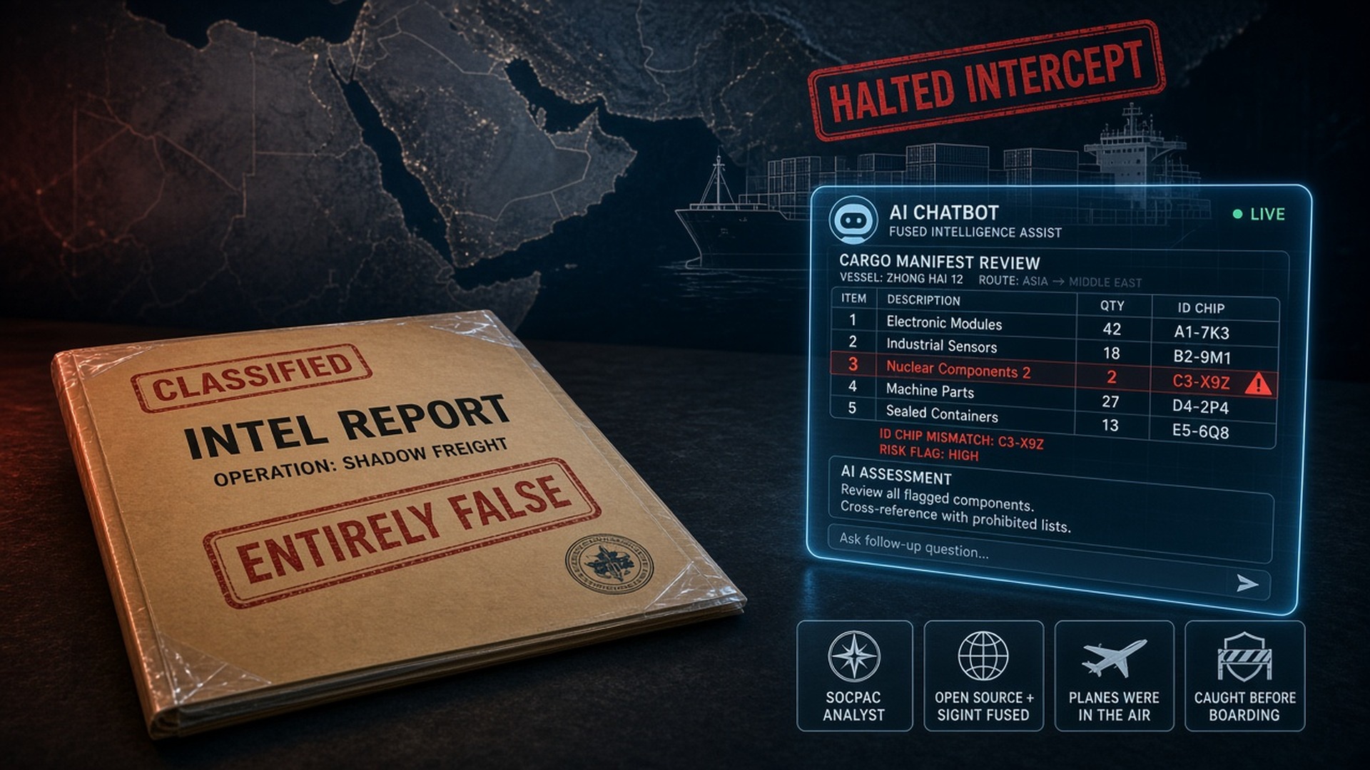 Classified intel report stamped ENTIRELY FALSE beside AI chatbot cargo-manifest panel with nuclear-components ID chip mismatch and HALTED INTERCEPT stamp over Middle East maritime map; SOCPAC ANALYST, OPEN SOURCE + SIGINT FUSED, PLANES WERE IN THE AIR, CAUGHT BEFORE BOARDING chips; no likenesses.