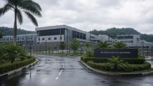 Tropical Malaysia AI data-center campus with palms and humid sky, no dual-logo plaque.