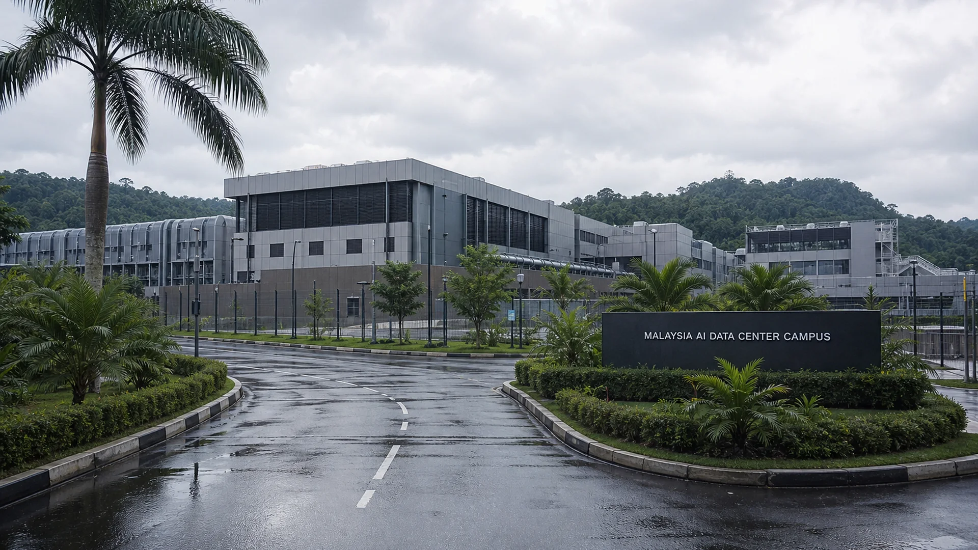 Tropical Malaysia AI data-center campus with palms and humid sky, no dual-logo plaque.