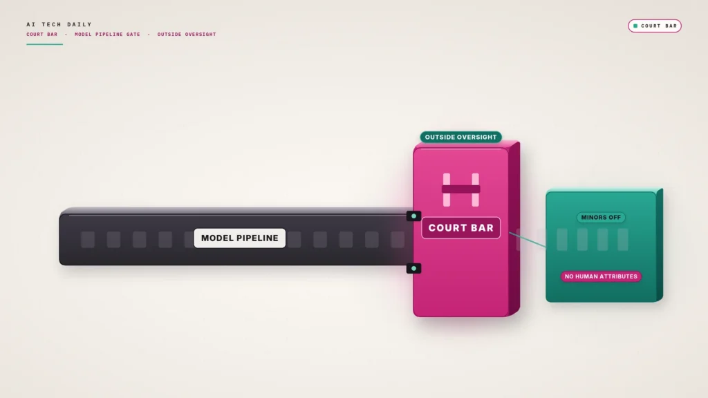 Illustration on a bone-white background. A long charcoal rail labeled "MODEL PIPELINE" runs left to right across the center and is stopped by a thick magenta vertical slab labeled "COURT BAR." A seafoam chip reading "OUTSIDE OVERSIGHT" clamps the bar. Side chips read "MINORS OFF" and "NO HUMAN ATTRIBUTES." Flat geometric legal-gate scene; no people, seals, or courtroom stock.