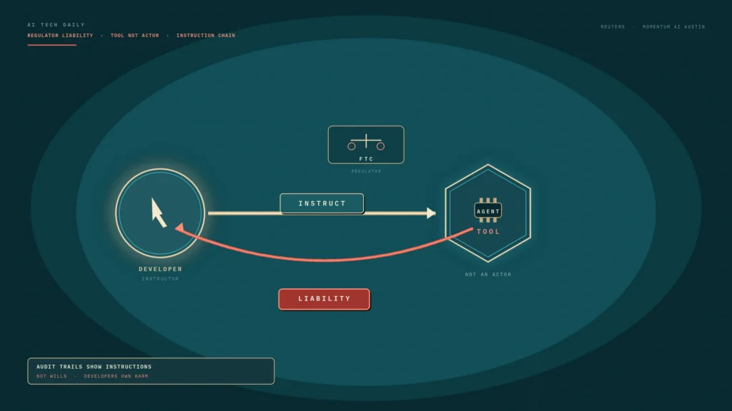 Abstract diagram on a deep teal field: a sand-outlined circle labeled Developer Instructor holds a simple cursor glyph and connects by a solid Instruct arrow to a hex chip labeled Agent Tool / Not an Actor; a coral Liability arrow curves back to the developer, with a small FTC scales Regulator tile above the chain. No people.