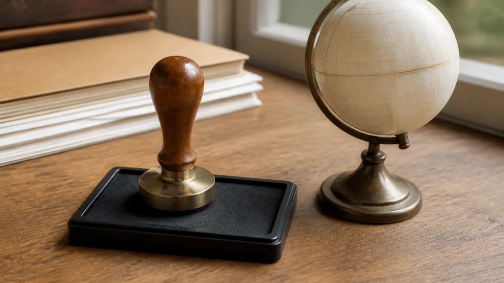 An unmarked customs stamp beside a small unlabeled globe on a desk.