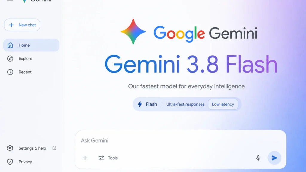 Google Gemini product UI with Gemini 3.8 Flash headline, Flash and low-latency cues, and Gemini sparkle logo.