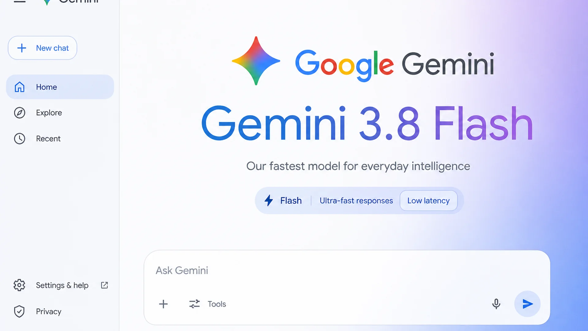 Google Gemini product UI with Gemini 3.8 Flash headline, Flash and low-latency cues, and Gemini sparkle logo.
