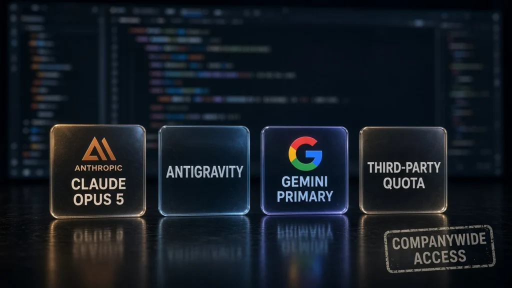 Glass plaques for Claude Opus 5, Antigravity, Gemini Primary, and third-party quota with a companywide access stamp over a blurred IDE background.