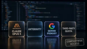 Glass plaques for Claude Opus 5, Antigravity, Gemini Primary, and third-party quota with a companywide access stamp over a blurred IDE background.