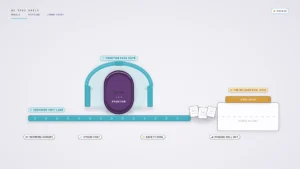Illustration on a chalk-white background. Across the center and lower band, a sealed midnight-plum frontier capsule sits behind a glacier-cyan pass-gate arch. A narrow defender-first lane strip runs left to right under the gate toward a small cohort of blank unbranded partner chips, while a soft-amber pre-release eval hold bar blocks a wider public-access path on the right. Quiet lower chips read Fairwind cohort, cyber first, safety eval, and phased roll out.