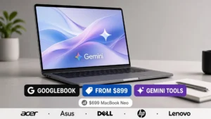 Premium slim laptop on a light desk showing Gemini branding, with Googlebook, From $899, and Gemini Tools chips plus an Acer Asus Dell HP Lenovo partner strip.
