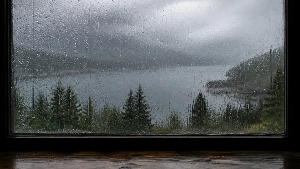 An unlabeled rain-streaked window over a dark sill.