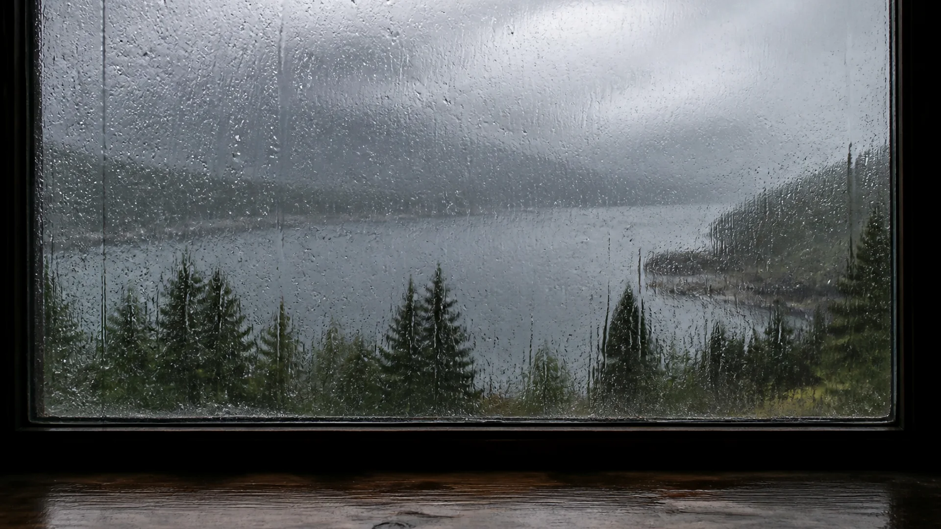 An unlabeled rain-streaked window over a dark sill.