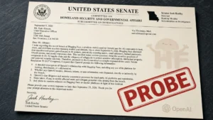 Senate Josh Hawley probe letter to OpenAI on Hugging Face breach with PROBE stamp.