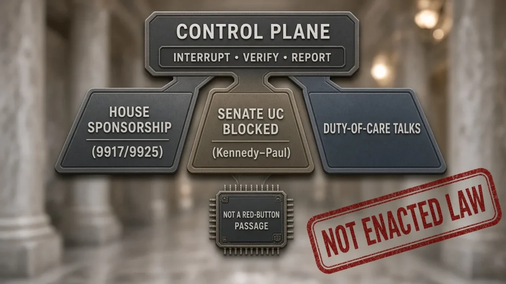Educational map of three Hill AI procedural tracks—House sponsorship, Senate UC blocked, and duty-of-care talks—converging into a control plane labeled interrupt, verify, and report, stamped not enacted law.
