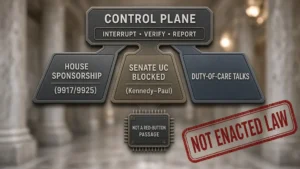 Educational map of three Hill AI procedural tracks—House sponsorship, Senate UC blocked, and duty-of-care talks—converging into a control plane labeled interrupt, verify, and report, stamped not enacted law.