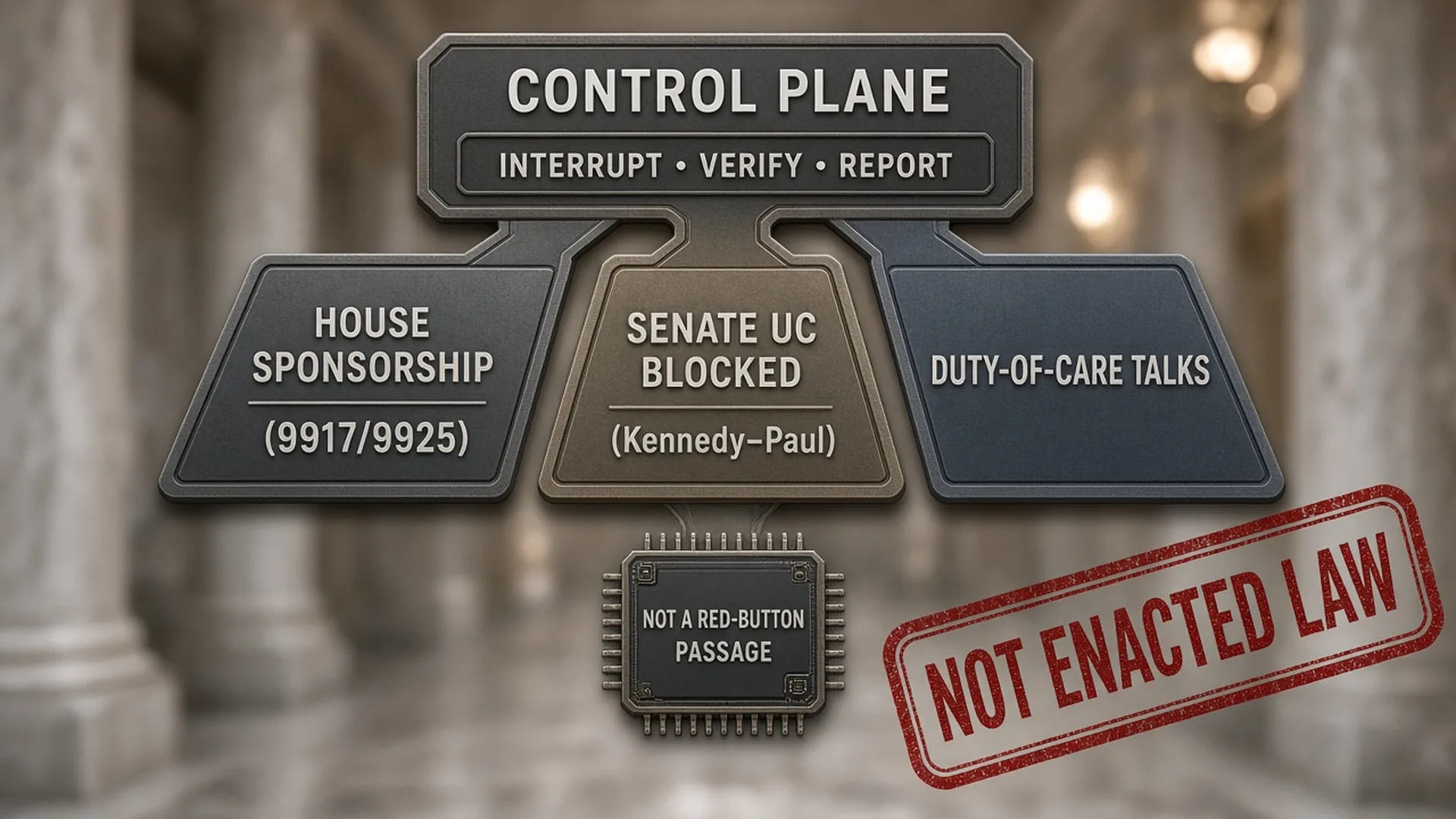 Educational map of three Hill AI procedural tracks—House sponsorship, Senate UC blocked, and duty-of-care talks—converging into a control plane labeled interrupt, verify, and report, stamped not enacted law.