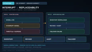 Conceptual dual-path AI ops failover switchboard for Hill interrupt and replaceability coverage, with inventory revoke audit failover chips and federal interrupt wave context. No likenesses.