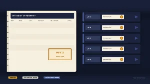Illustration on a deep slate indigo field. Left: a parchment INCIDENT INVENTORY ledger with blank DATE/MODEL/EVAL/DETECTION/ORG/EFFECT rows and an amber OCT 2 DEADLINE stamp. Right: five unbranded destination cards (LAB A–E) each receiving a sealed DEMAND SLIP. Chips INVENTORY / UNAUTHORIZED ACCESS / CONGRESSIONAL DEMAND. No people or logos.