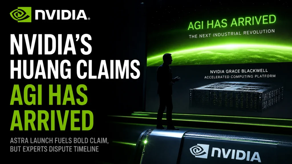 Nvidia-branded stage graphic claiming AGI has arrived with Grace Blackwell systems, no OpenAI product UI.