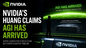 Nvidia-branded stage graphic claiming AGI has arrived with Grace Blackwell systems, no OpenAI product UI.
