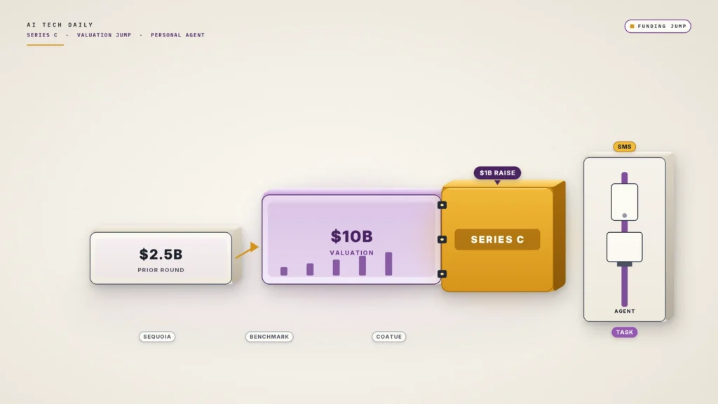 Illustration on a soft linen background. A short valuation step-rail shows a lower "$2.5B" block stepping up to a taller plum "$10B" block. A thick citrus-gold slab labeled "SERIES C" locks onto the right of the $10B step under a plum chip reading "$1B RAISE". A slim side rail holds abstract phone and computer slabs with "SMS" and "TASK" chips. Plain text investor chips read "SEQUOIA", "BENCHMARK", and "COATUE". Flat geometric funding-jump scene; no people or logos.