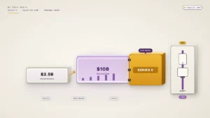 Illustration on a soft linen background. A short valuation step-rail shows a lower "$2.5B" block stepping up to a taller plum "$10B" block. A thick citrus-gold slab labeled "SERIES C" locks onto the right of the $10B step under a plum chip reading "$1B RAISE". A slim side rail holds abstract phone and computer slabs with "SMS" and "TASK" chips. Plain text investor chips read "SEQUOIA", "BENCHMARK", and "COATUE". Flat geometric funding-jump scene; no people or logos.