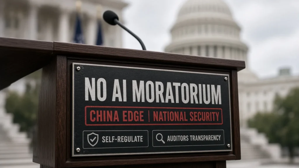 US Capitol soft bokeh behind a Speaker lectern plaque reading NO AI MORATORIUM with CHINA EDGE national security stamp and self-regulate plus auditors transparency chips.