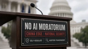 US Capitol soft bokeh behind a Speaker lectern plaque reading NO AI MORATORIUM with CHINA EDGE national security stamp and self-regulate plus auditors transparency chips.