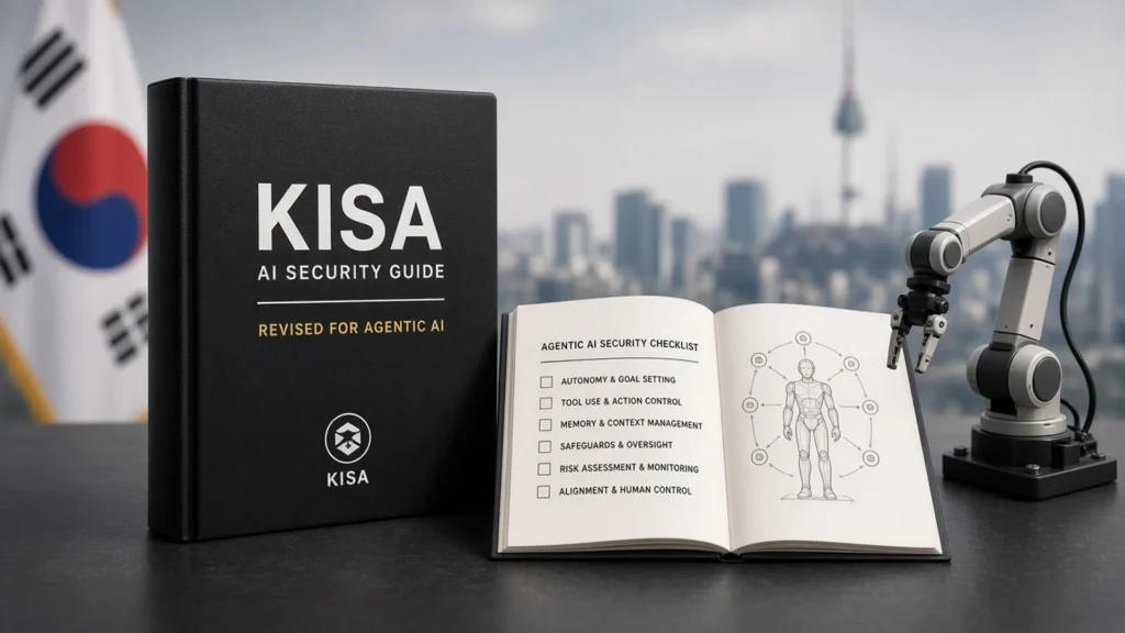 KISA AI Security Guide binder marked revised for agentic AI beside an open agentic checklist and a small robotic arm for physical AI, with Seoul soft bokeh.