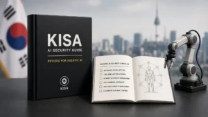 KISA AI Security Guide binder marked revised for agentic AI beside an open agentic checklist and a small robotic arm for physical AI, with Seoul soft bokeh.