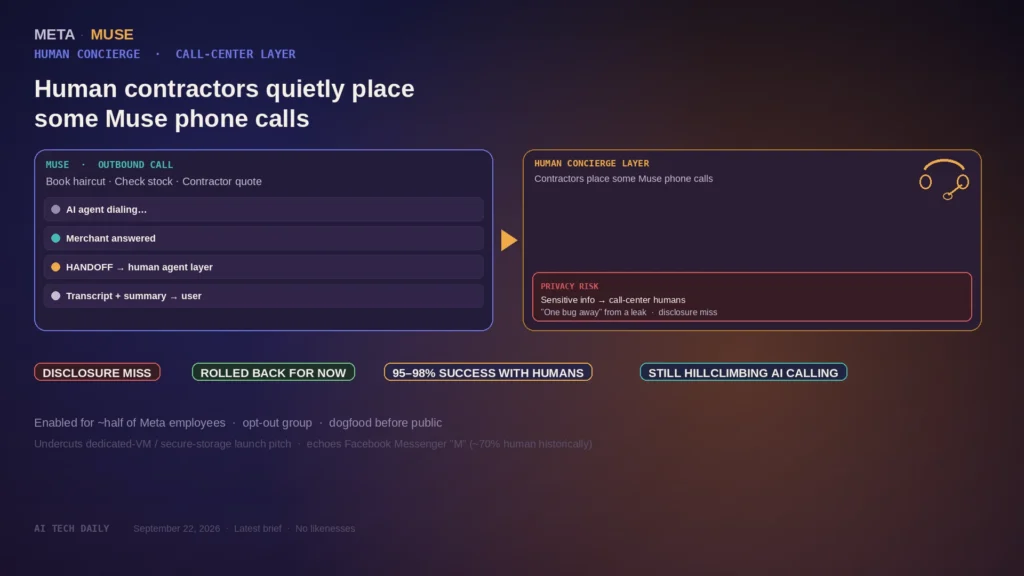 Editorial board: Muse outbound-call UI handing off to a human concierge call-center layer with DISCLOSURE MISS, ROLLED BACK, and 95–98% SUCCESS WITH HUMANS chips; Meta/Muse marks; no Zuckerberg likeness; not Wall Street or zero-day twin.
