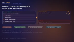Editorial board: Muse outbound-call UI handing off to a human concierge call-center layer with DISCLOSURE MISS, ROLLED BACK, and 95–98% SUCCESS WITH HUMANS chips; Meta/Muse marks; no Zuckerberg likeness; not Wall Street or zero-day twin.