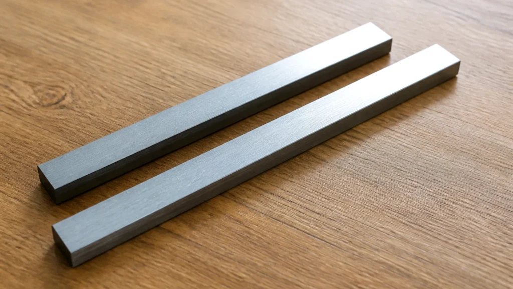 Two unlabeled metal bars on a desk, one slightly longer than the other.