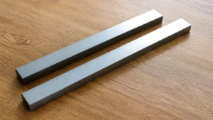 Two unlabeled metal bars on a desk, one slightly longer than the other.