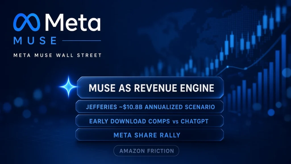 Meta Muse Wall Street monetization board with Jefferies ~$10.8B annualized scenario and early download comps vs ChatGPT; Meta/Muse marks OK; no Zuckerberg likeness