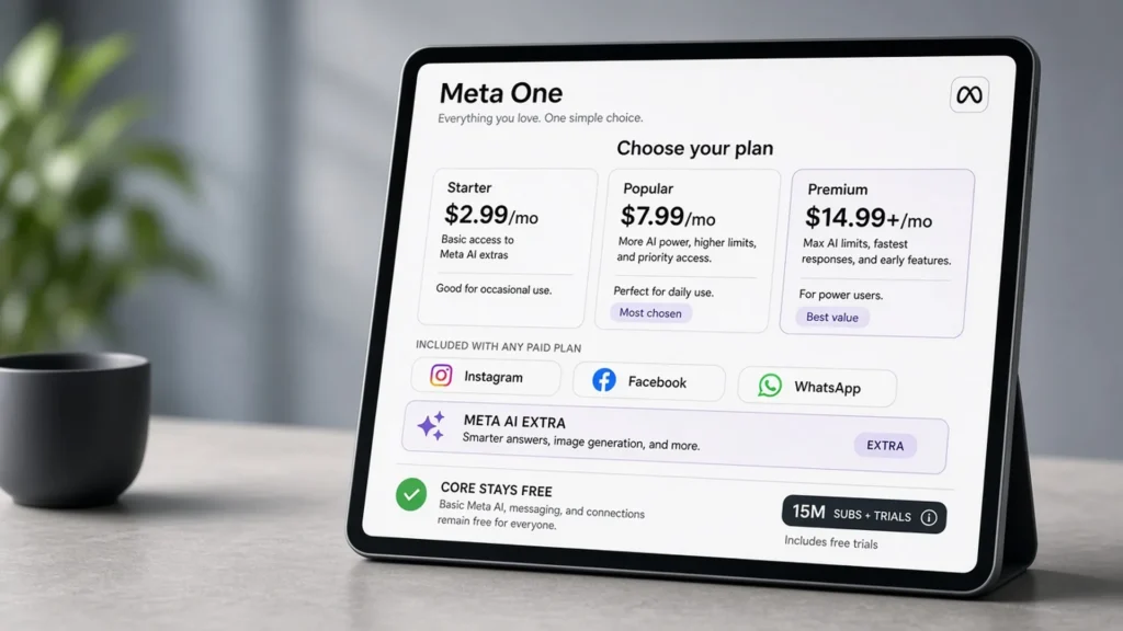 Tablet showing Meta One subscription tiers at $2.99, $7.99, and $14.99-plus with Instagram, Facebook, and WhatsApp chips, META AI EXTRA, CORE STAYS FREE, and a 15M subs-plus-trials plate labeled to include trials.